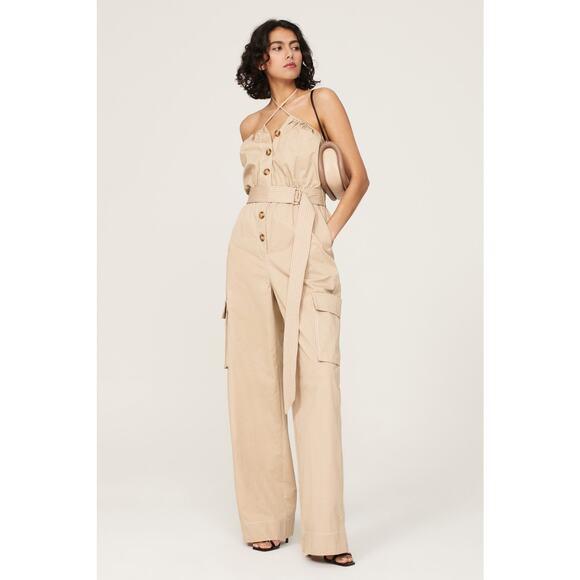 HALSTON Bari Jumpsuit Tan Cargo‎ Pockets Size 8 - Picture 1 of 14